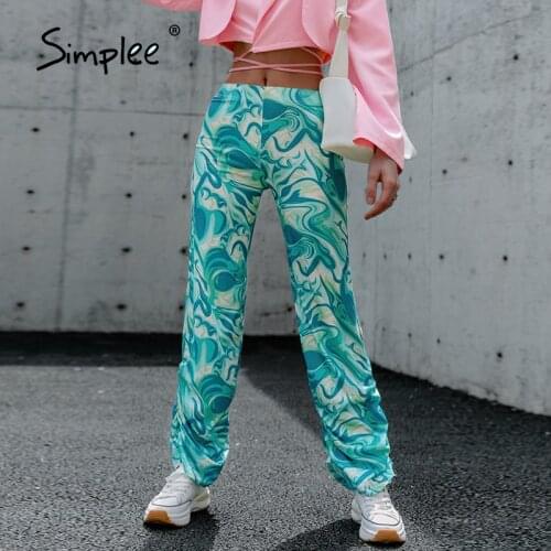 Simplee Vintage green tie dye Y2K stacked pants women High waist straight trousers 2021 Autumn printed trousers streetwear
