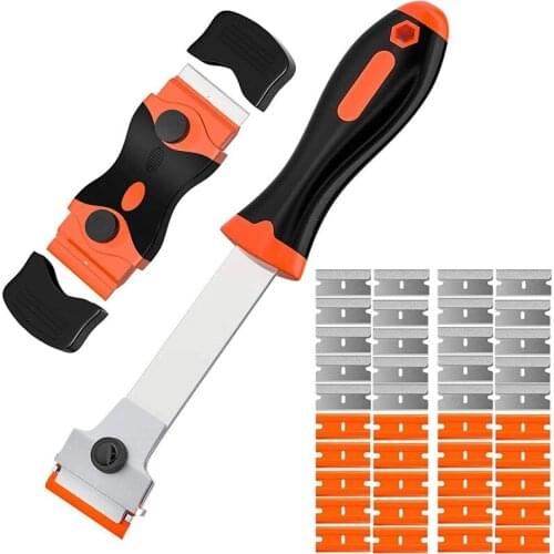 Glass scraper, hob with extended plastic handle, cleaning scraper with 40 blades, used to remove labels, decals, glass paint