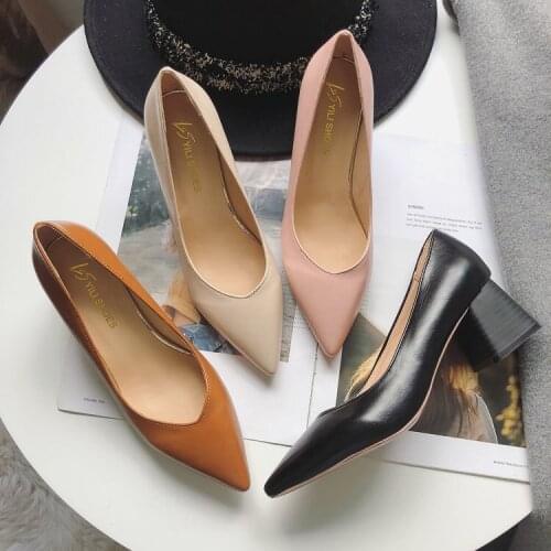 Pumps European style time simple comfortable high heels 2021 new pointed thick heel shoes pu single shoes wild womens shoes