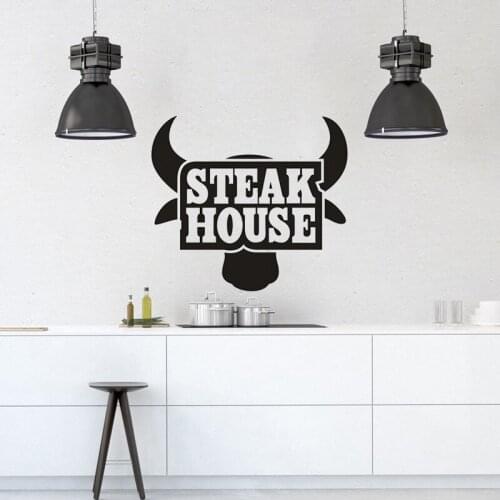 Steak House Logo Wall Art Decal Restaurant Kitchen Vinyl Wall Sticker Removable Beef Steak Window Poster Bull Wallpaper