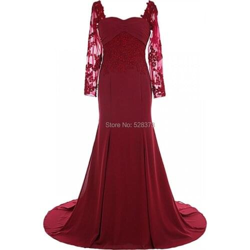 YNQNFS Real Photos MD17 Lace Appliqued Chiffon Elegant Long Sleeves Mother of the Bride/Groom Dresses Burgundy 2019