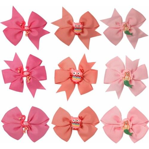 XIMA 1Pair=2PCS Grosgrain Ribbon Hair Bows Owl Flamingo Princess Hairgrips Mermaid Hair Clip for Girls Hair Accessories