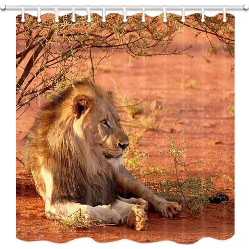 African Wild Animal Lion Shower Curtain Safari Animals Lion Lying in Wood for Bathroom