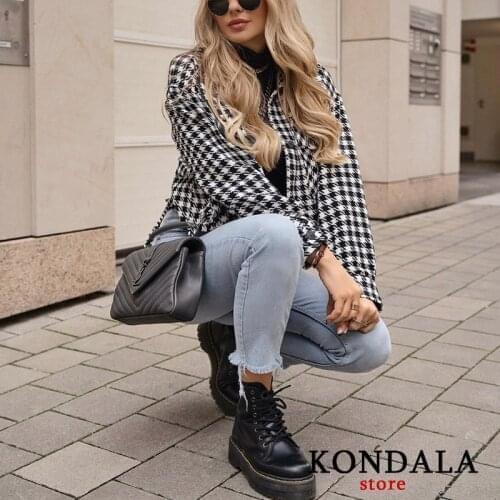 KONDALA Womens Blazer Za 2020 Plaid Print Casual Single Breasted Houndstooth Blazer Long Sleeve Autumn O-Neck Short Jackets Top