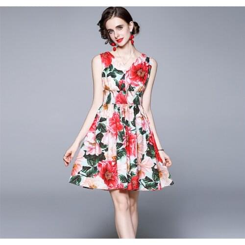 Runway Summer Camellia Printing Sleeveless Dress 2021 New Womens V Neck Tank Floral High Elastic Waist Red Holiday Mini Dresses