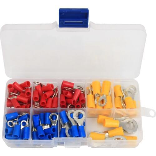 128Pcs RV1.25/RV2/RV5.5 Insulated Ring Terminal Crimp Connector Kit Set Ring Cable Wire Connectors Cord Pin End Butt Terminals