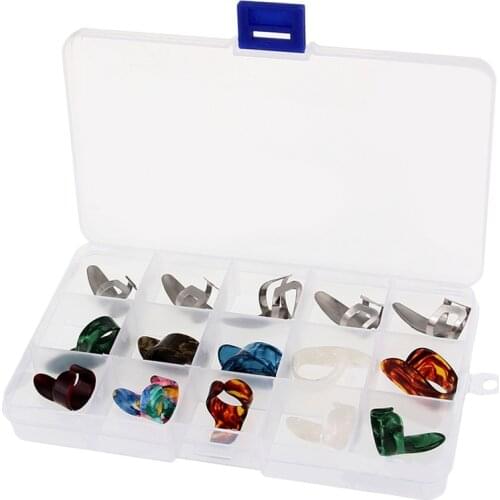 15Pcs/Set Celluloid Metal Finger Thumb Guitar Picks Plectrums 5 Thumb + 10 Finger with Case Cover for Acoustic Electric Bass Gui