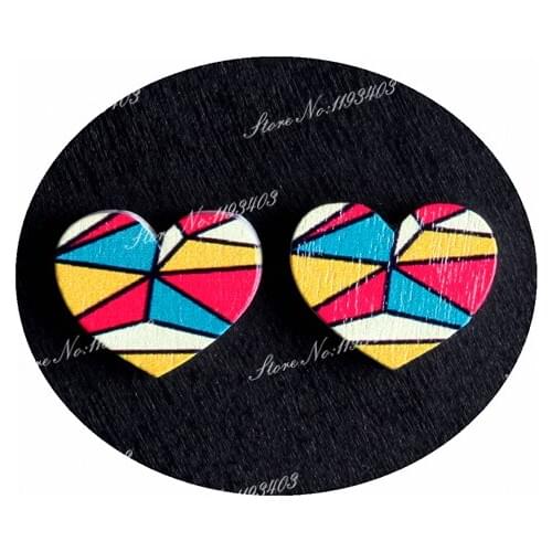 16mm Geometry Heart Shape Image Painted Wooded Laser Cut Cabochon to make Rings, Earrings, Bobby pin, pendant