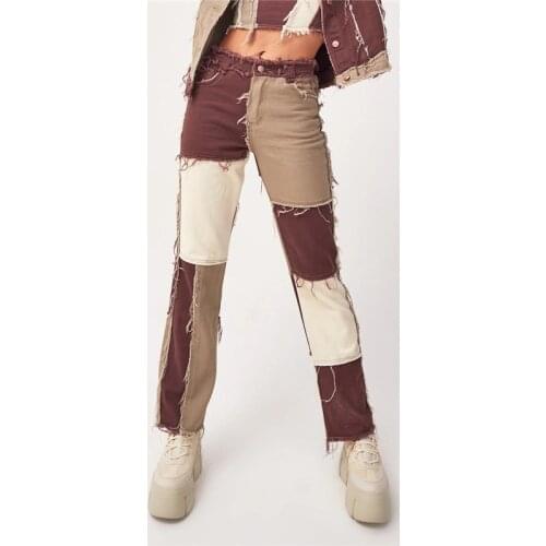 2021 New Fashion autumn Blue/Pink patchwork Jeans women High waist Hip hop straight Jeans ladies trousers female denim for woman