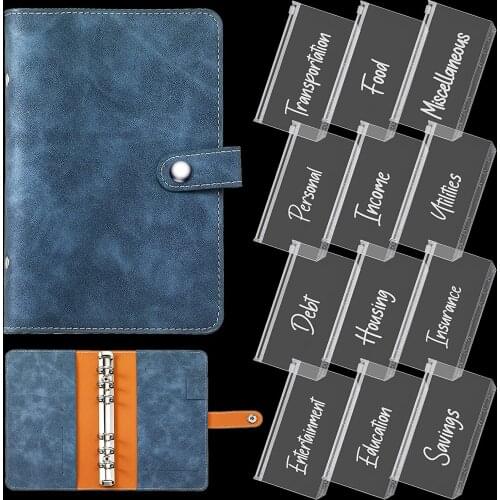 A6 PU Leather Binder 6 Ring Notebook Cover Planner with 12 Binder Pocket Binder Zipper Envelopes Folders for Bill Planner