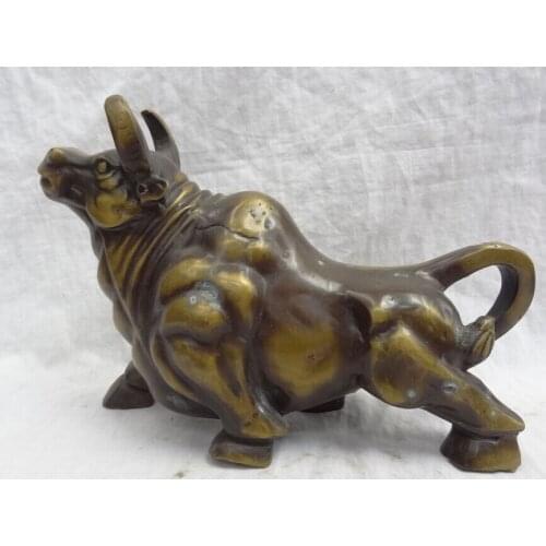 FREE SHIPPING 9" Chinese Bronze Zodiac Year Wealth Fu Up Bull Ox On Statue Animals Figurine