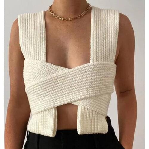 J&H Fall Winter Knitted Crop Tops Sweaters Sleeveless Pullover Female Bandage Sweater Solid Chic Fashion Top Women Y2K
