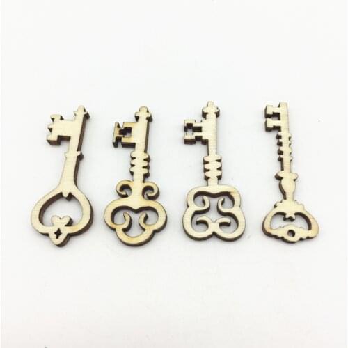 100pcs Mixed 40mm Rustic Wooden Keys Tag Emebellishments Cardmaking DIY Crafts Scrapbook Pendants Christmas Wedding Decorations