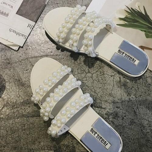 Home Pearl Slippers Womens Crystal String Beaded Ladies Fahion Outdoor Flats Bottom Beach Sandals Elegant Shoes Household 2020