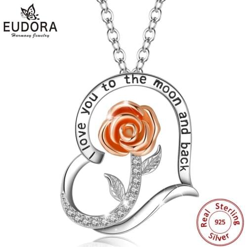 Eudora Sterling Silver Rose Flower Pendant Rose gold rose Flower Necklace with CZ I love you to the moon and back Jewelry D521