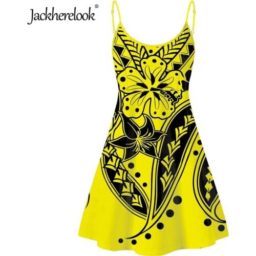 Jackherelook Yellow Polynesian Tattoo Hibiscus Brand Designer Casual Spaghetti Strap Dress for Girls Knee Length Party Dresses