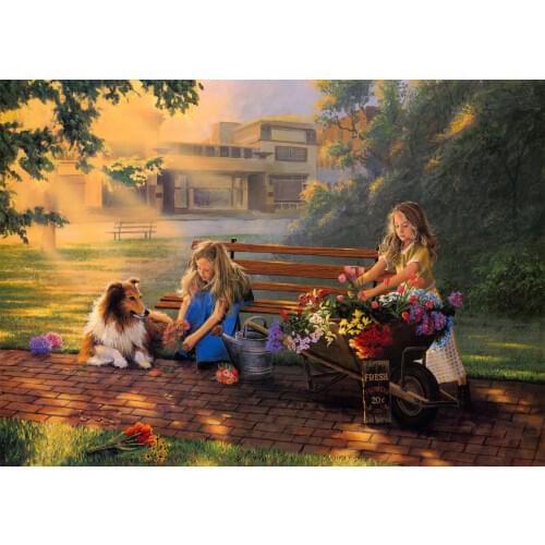 Figure Oil Painting on Canvas Little Bouquets Girl Home Wall Decor Art Painting for Hotel Office Room Horizontal Frameless