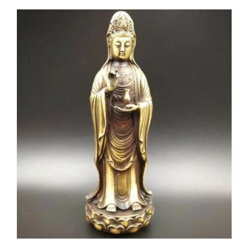 Chinese Kwan-yin Old Pure Brass Refined Handicrafts South Sea Guanyin Bodhisattva Buddha Statue