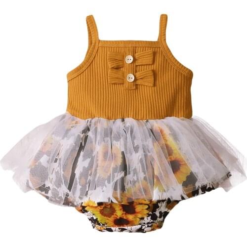 0-18M Newborn Baby Girls Romper Dress 0-18M Sunflowers Printed Lace Patchwork Sleeveless Jumpsuits