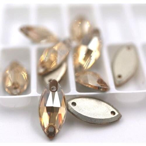 New arrival 7x15mm Leaf shape sew on rhinestones Champagne flatback glass rhinestones for diy Wdding dress/clothing accessories