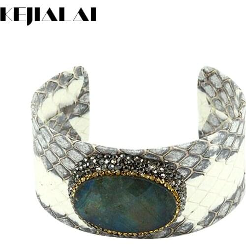 New Arrival Punk Python Leather Bangle Snake Skin Faceted Natural Stone Charm Pave Rhinestone Open Cuff Adjustable Bracelet