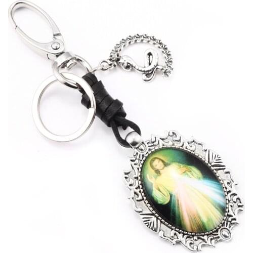 New Design Jesus Art Picture Locket Pendant Keychain Religious Glass Leather Locket Key Chain Best Souvenir Great For Christian