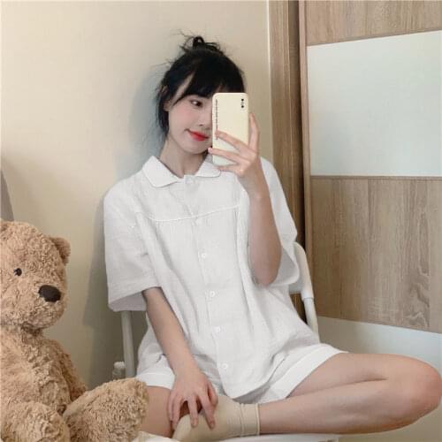 QWEEK Cotton Pajamas for Women Two Piece Set Summer Solid Color Pijamas Kawaii Cute Teen Girls Pyjamas Soft and Comfortable