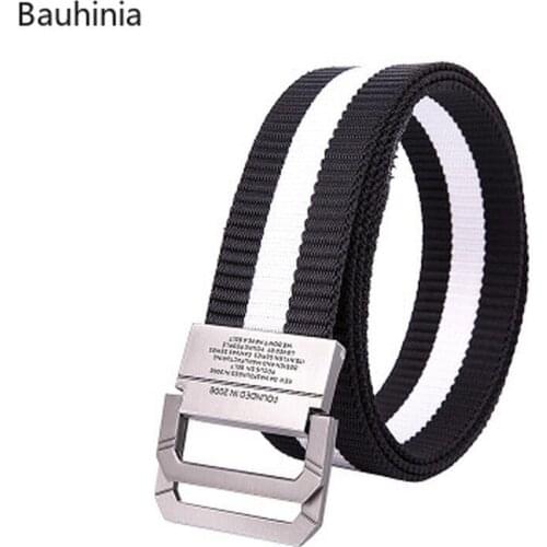 New mens Breathable Striped 125*3.8cm Canvas Belt Zinc Alloy Double Buckle Casual Outdoor Nylon Belt