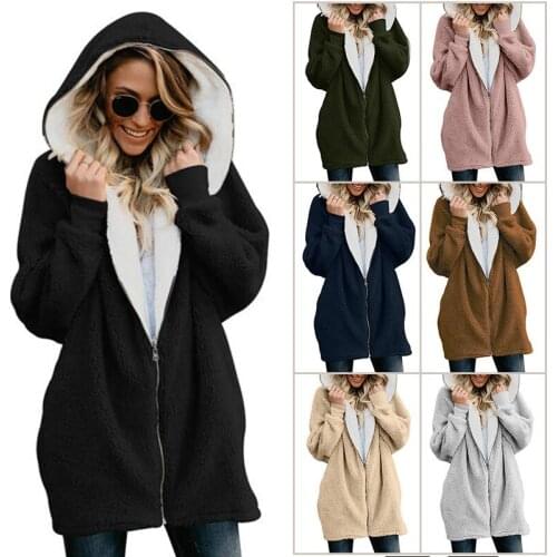 GOOHOJIO Elegant Faux Fur Coat Women Autumn Winter Warm Soft Zipper Fur Hoodies Female Plush Overcoat Casual Outwear Hooded