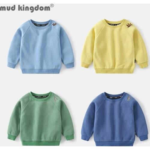 Mudkingdom Little Boy Sweatshirts Solid Long Sleeve Loose Fit Pullover Drop Shoulder Embroidery Tops Kids Spring Autumn Clothes
