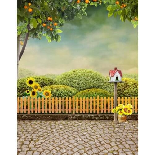 TR Beautiful Garden Plants Wood Fence Brick Floor Photography Backdrops Green Orange Tree Sunflower Backgrounds for Photo Studio