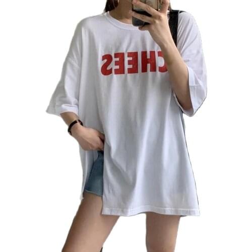 Fashion Spring And Summer Tshirt Femme 2021 New Loose Mid-Length Round Neck T-Shirt Short-Sleeved Tops Women Lazy Wild Split End