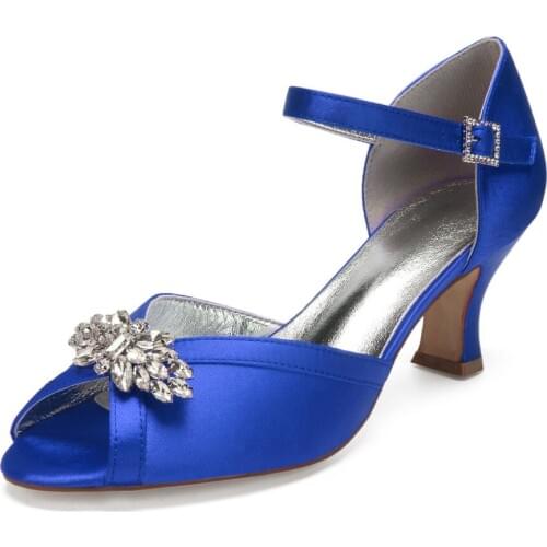 Elegant Hoof kitten block heel lady satin evening dress shoes peep open toe ankle strap bridal wedding prom party heels crystal
