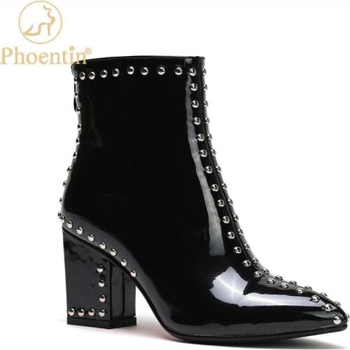 Phoentin Rivet Ankle Boots Women High Heels Pointed Toe Patent Leather shoes elegant Ladies back Zipper Short Boot FT1431