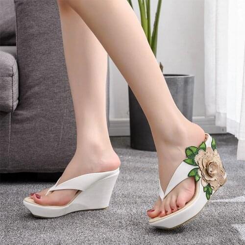 Womens Slippers Women Flip Flops Appliques Ladies Casual Wedges Slides Female Flowers Shoes Women Footwear Plus Size 33-42