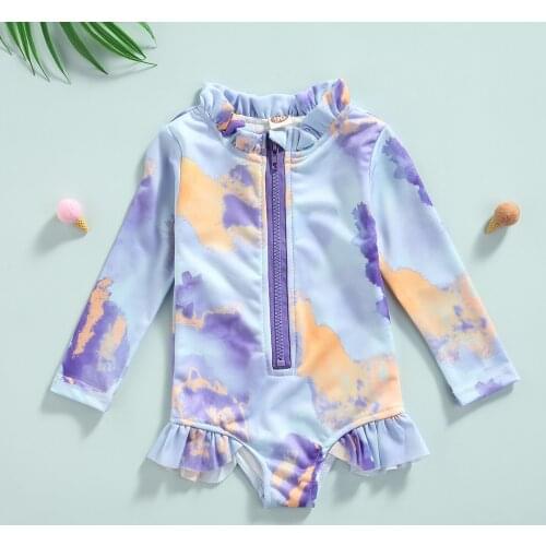 Ma&Baby 1-5Y Summer Kid Child Girls Swimsuit Ruffles Long Sleeve Swimwear Tie Dye Sun Protection Beachwear Bathing Suit DD40