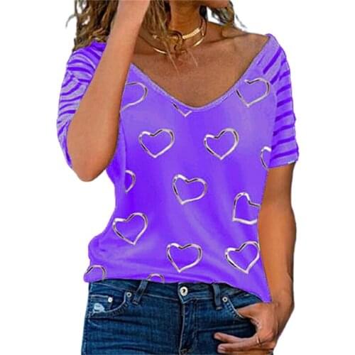 Women Striped Raglan Short Sleeve T Shirts Round Neck Casual Loose Fit Pullover Tunic Top Sweet Love Heart Print Graphic Blouse