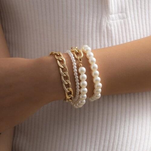 Vintage Imitation Pearl Bracelet for Women Gold Color Chunky Beads Link Chains Bracelet Set Bangle on Hand Boho Jewelry Gift