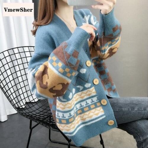 VmewSher Knitted Printted Women Sweater Cardigans Single Breasted Long Sleeve Cardigans Korean Style V Neck Loose Sweater Tops