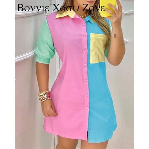 Turn-down Collar Button Front Pocket Design Colorblock Shirt Dress Summer Shirt Blouse For Women 2021