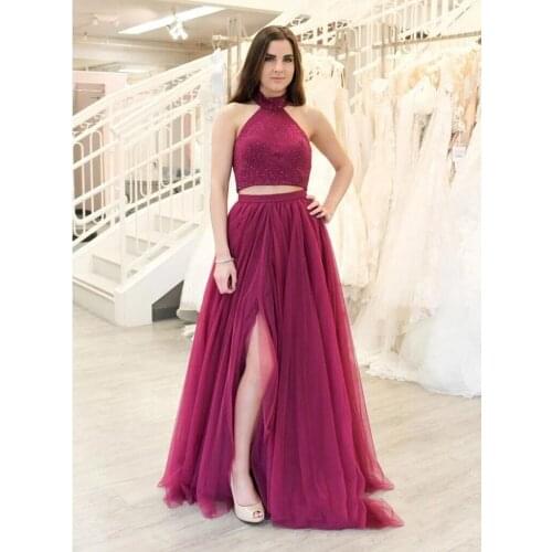 Two Piece Prom Dresses 2021 A Line Halter Long Tulle Beaded Formal Evening Party Dress Dress Robe De Soiree