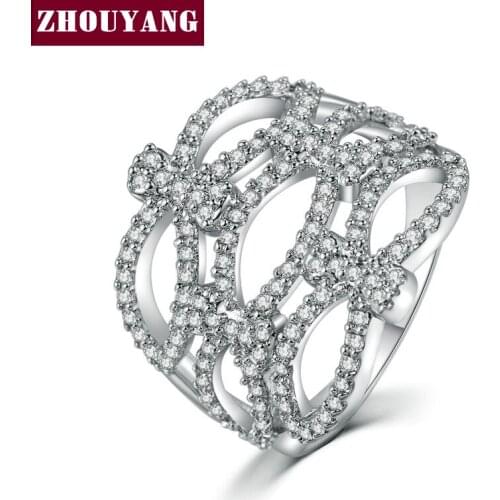 ZHOUYANG 2016 New Luxurious Unique Shaped Cubic Zirconia Silver Color Fashion Ring Jewelry For Women Party Wedding ZYR705