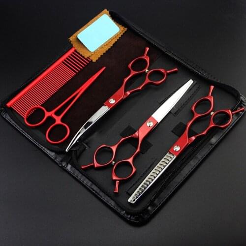 5 kit Professional Japan 440c 6.5 inch red dog grooming hair scissors pet cutting barber thinning shears hairdressing scissors