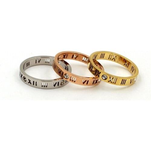 Free Shipping Hollow Roman Numerals With Stone Rose Gold Colour Stainless Steel Ring