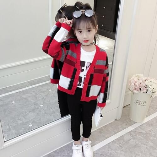 Spring Autumn Girls Knitted Jacket Plaid Children Sweater Coat Short Teenager Knitted Outerwear Kids Knitting Cardigan Clothing