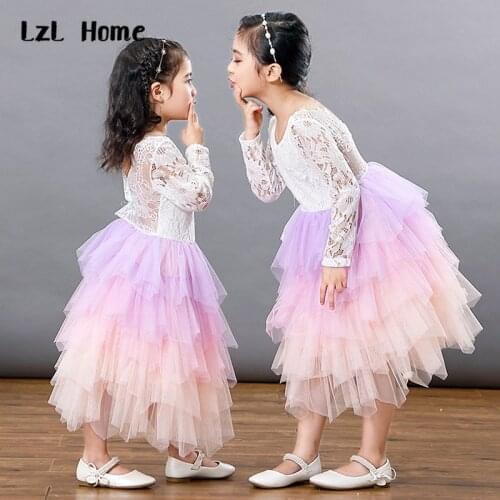 LzL Home Children Girl Dress Lace Long Sleeve Dress Rainbow Color Flower Girl Dress Halloween Party Costume Dress