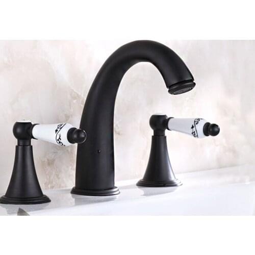 Black Oil Rubbed Brass Dual Ceramics Handles Widespread 3 holes Bathroom Vessel Sink Faucet Cold/Hot Water Tap anf074