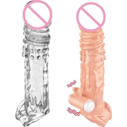 Reusable Extend Vibration Penis Condoms Delay Enhancer Crystal Transparent Penis Sleeve 2 Styles G Spot Stimulate Sex Toys