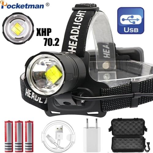 Powerful LED Headlight XHP70.2 Headlamp USB Rechargeable Head Lamp Zoomable Head Light with 18650 Battery USB Cable