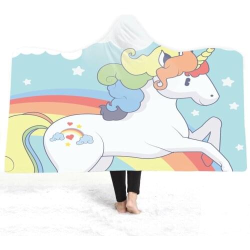 New 3D Rainbow Unicorn Print Hooded Blanket Bedspread Velvet Plush Soft Comfortable Children Bedroom Cartoon Decor Home Textile